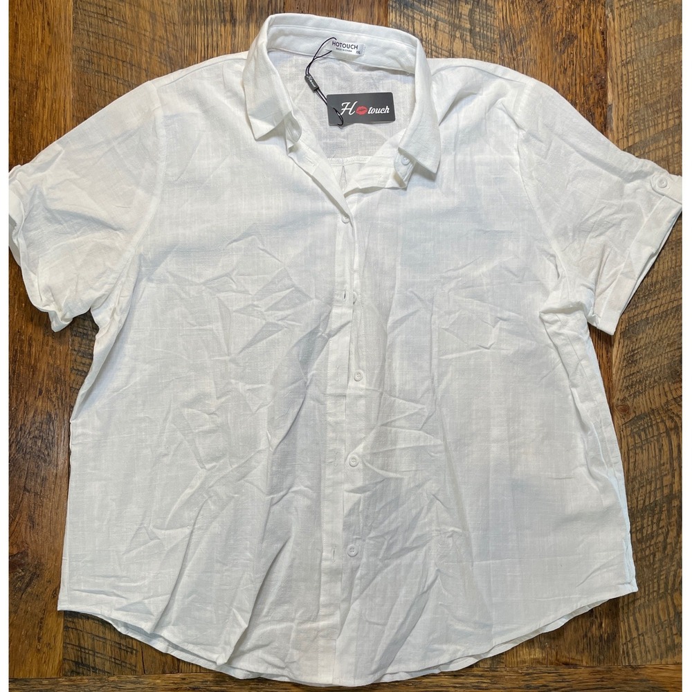 Hotouch Womens White Short Sleeve Button‎ Down Shirt Casual Collared Cotton NWT